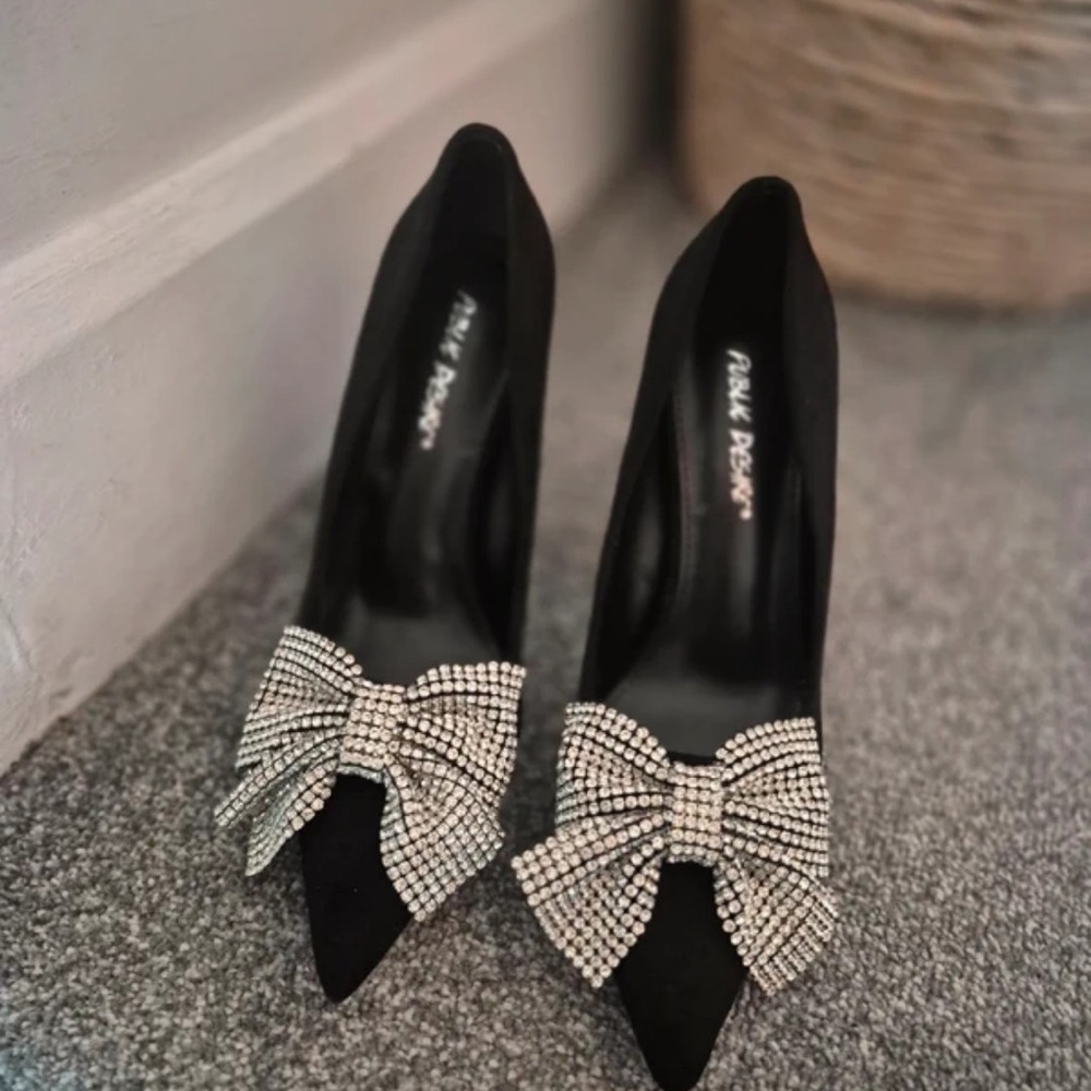 Public Desire Black Heels with Rhinestone Bow